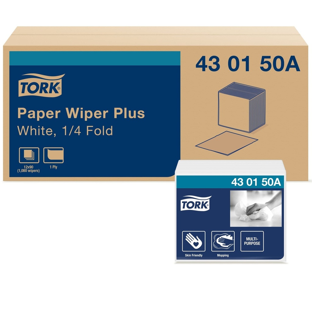 TORK Wiper de Papel Plus Doblez 1/4 Caja C/12 Paquetes 90 hjs /1hj 31.7 x 33.0 / Bco 430150