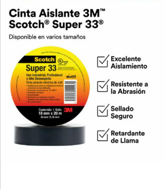 3MScotch Super 33 Uso Industrial, Profesional y Alto desempeño 18 mm x 20 m, grosor 0,18 mm 3100025046