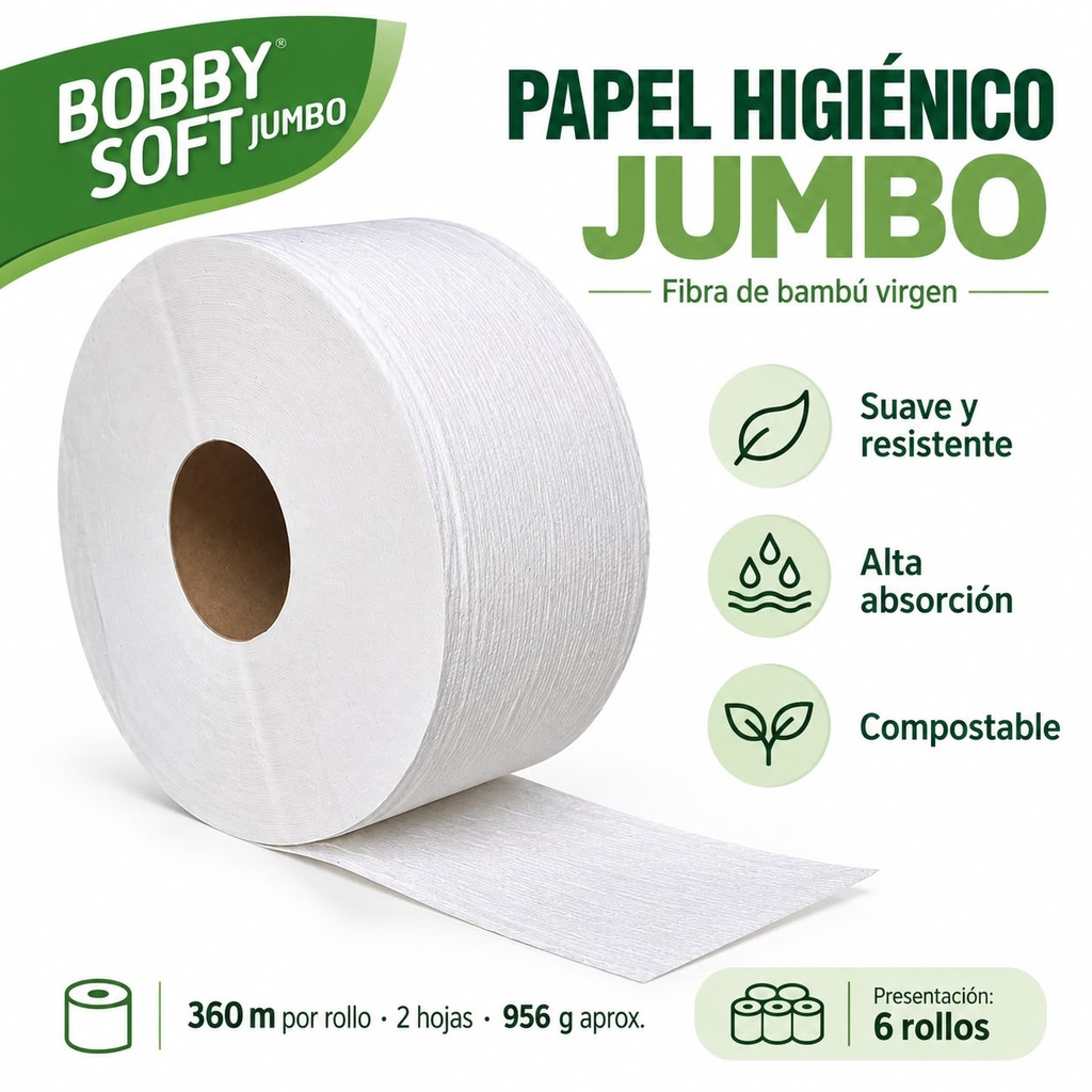 Bambú Papel Higiénico Institucional Premium Bobby Soft  Jumbo  360 mts BS-360/6
